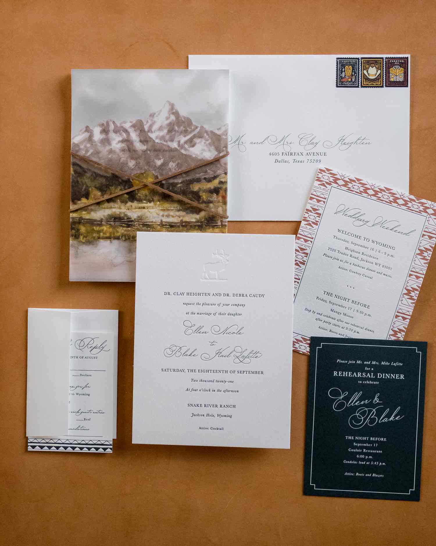 Wedding invitation suite with rustic elements and a mountain illustration