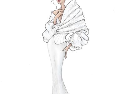Sketch of a bride wearing a fitted white dress with an oversized top