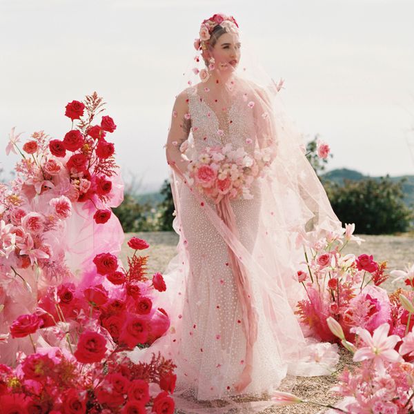 Bride wearing a blush pink wedding dress, a hot-pink and blush floral-embroidered veil, surrounded by hot-pink and blush-colored roses
