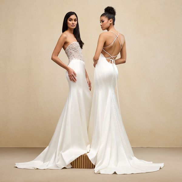 models wearing sleek wedding dresses