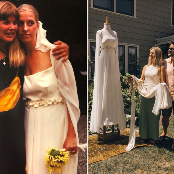 Side-by-Side Image of Woman Wearing Vintage Wedding Dress and Looking at New Replica on Mannequin