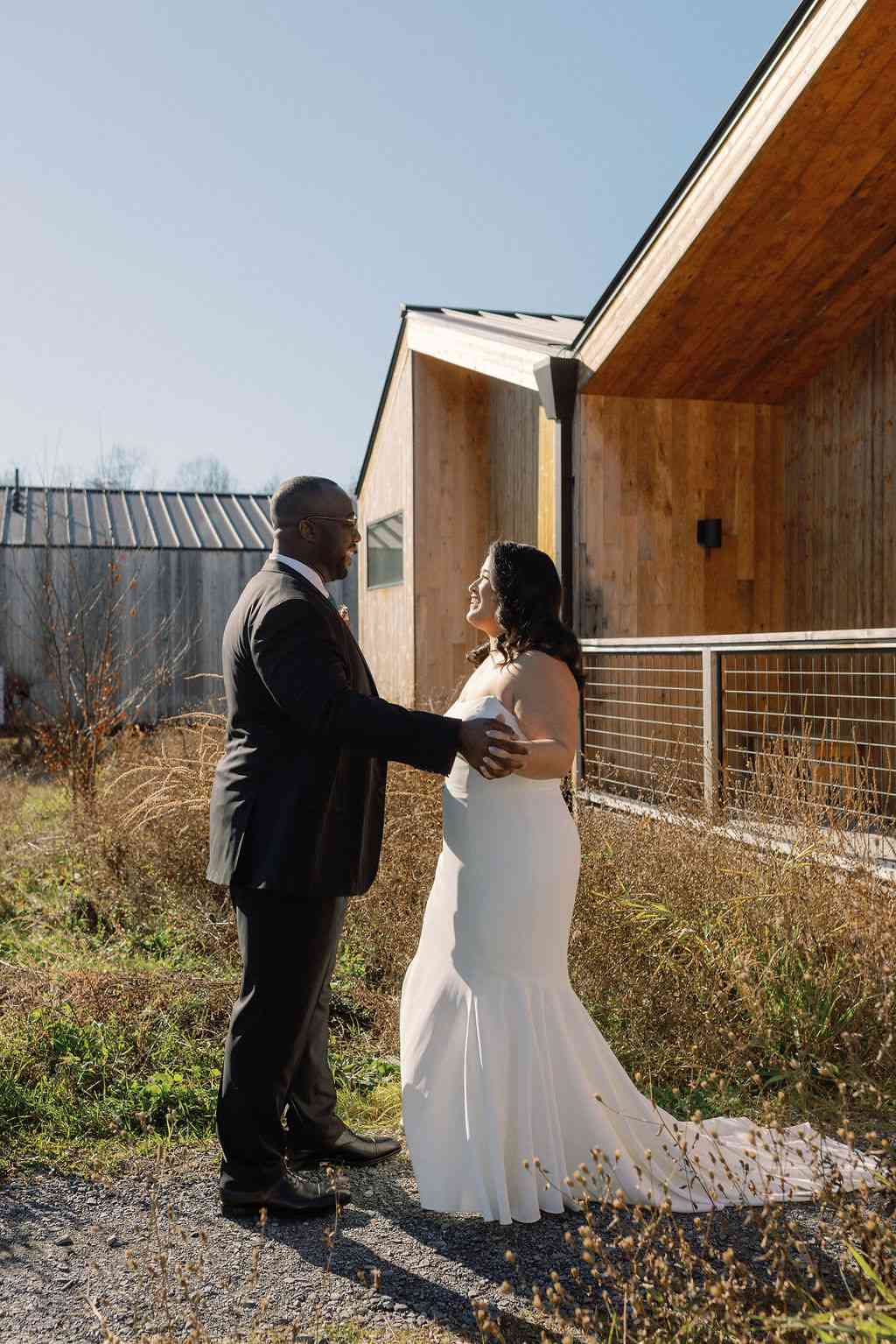 Bride in Strapless Wedding Dress Posing With Groom in Black Suit in Grassy Field