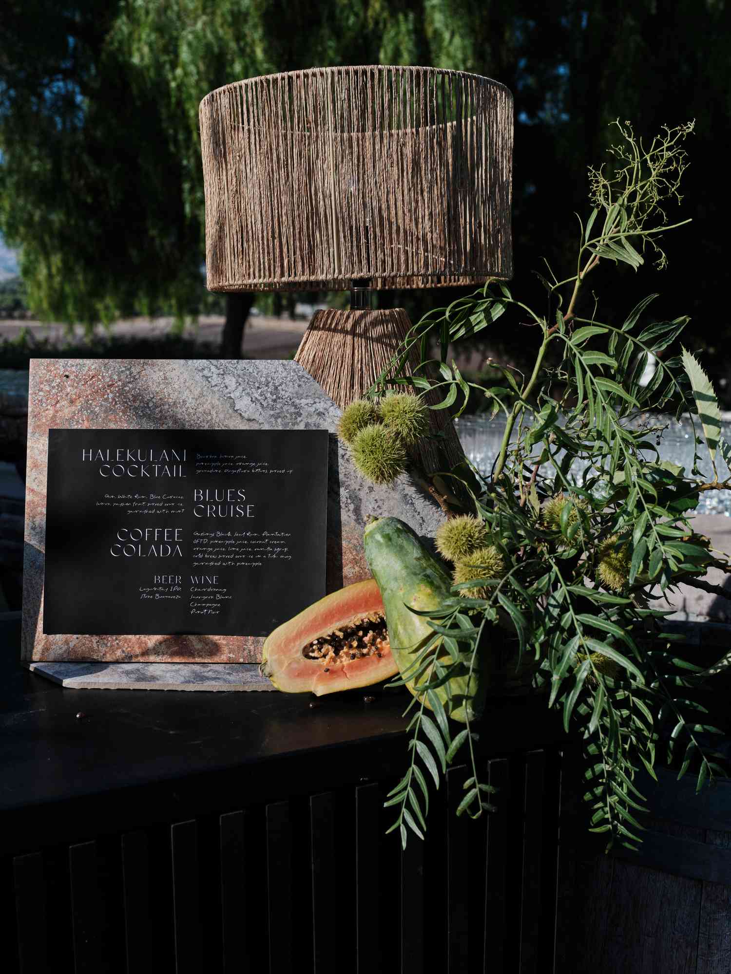 Cocktail Menu Next to Wooden Lamp and Plant Decor
