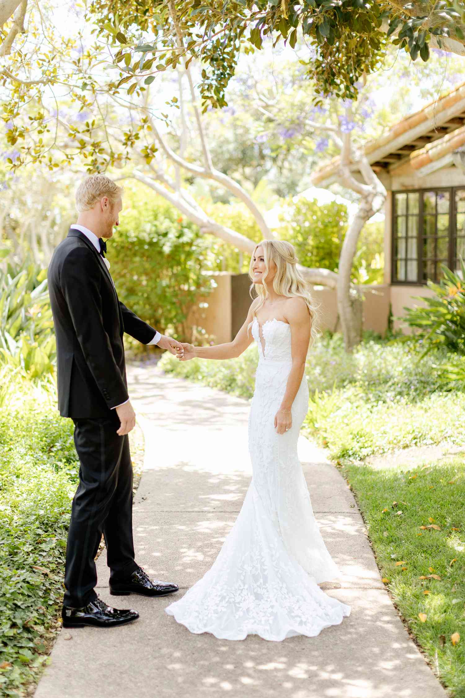 Olympic Volley Ball Player Chase Budinger and Bride in Strapless Trumpet Wedding Dress Have First Look on Pathway