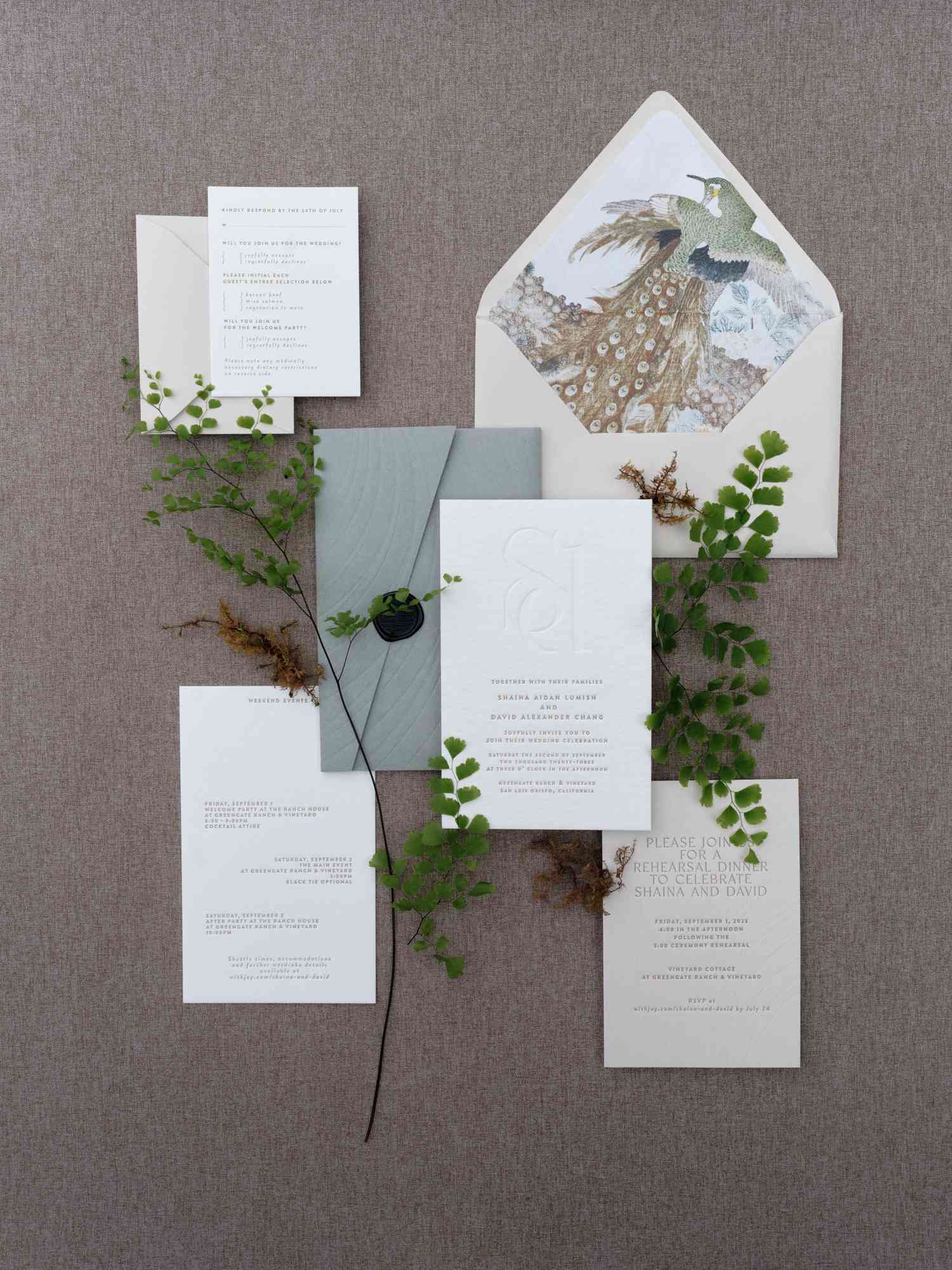 Layout of Simple White Wedding Invitations With Plant Leaves
