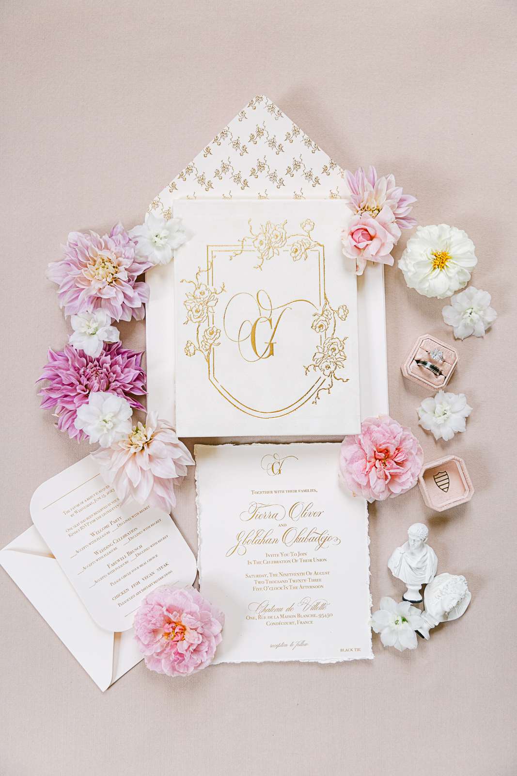 White and Gold Wedding Invitations With Oversized Custom Crest