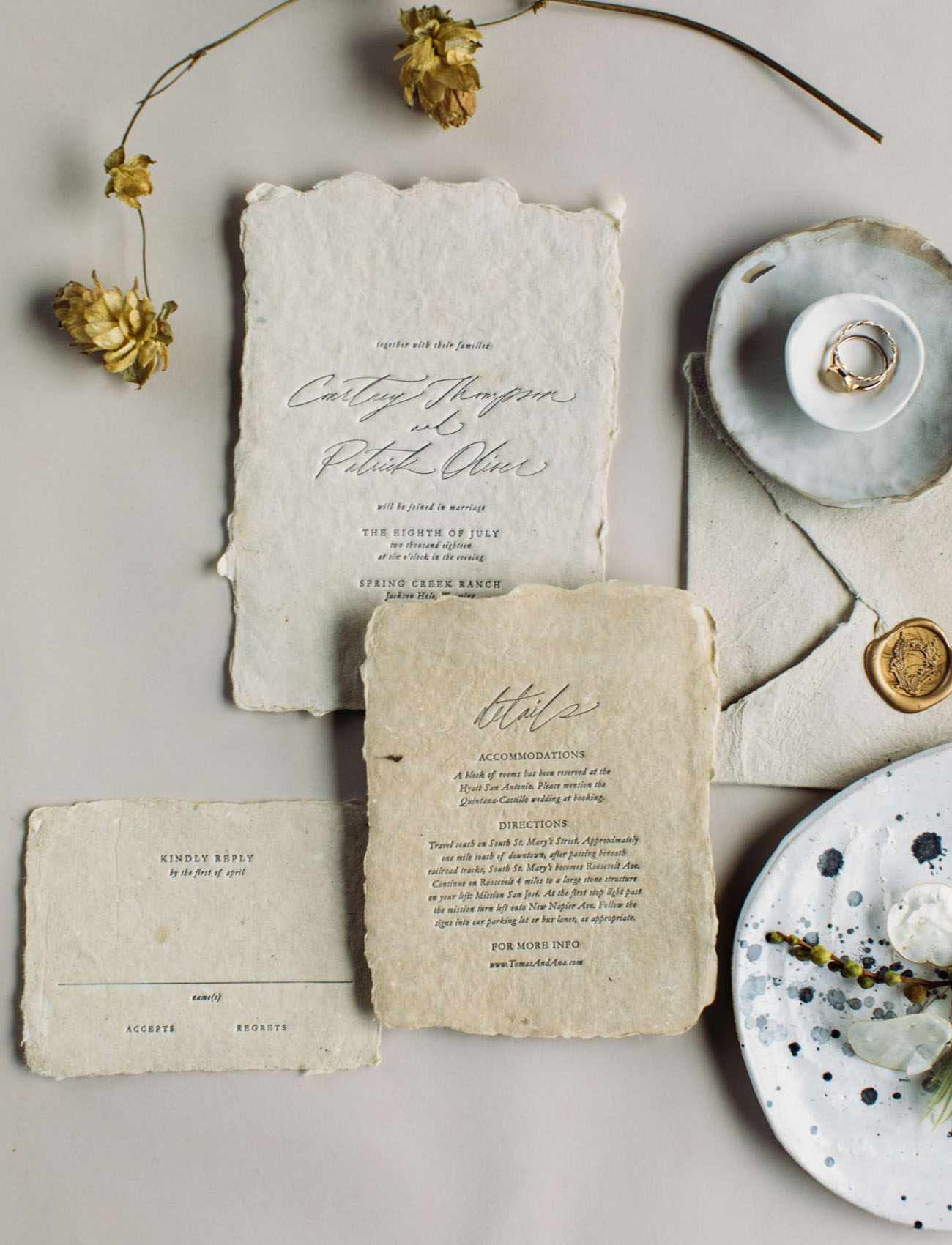linen invitation with burnt edges