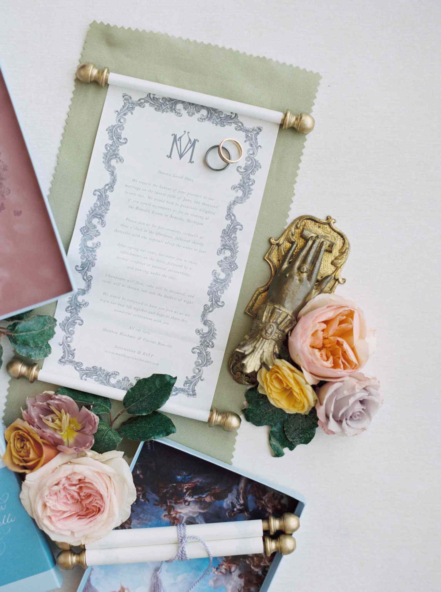 Marie Antoinette Themed Wedding Invitations on Scrolls With Intricate Border
