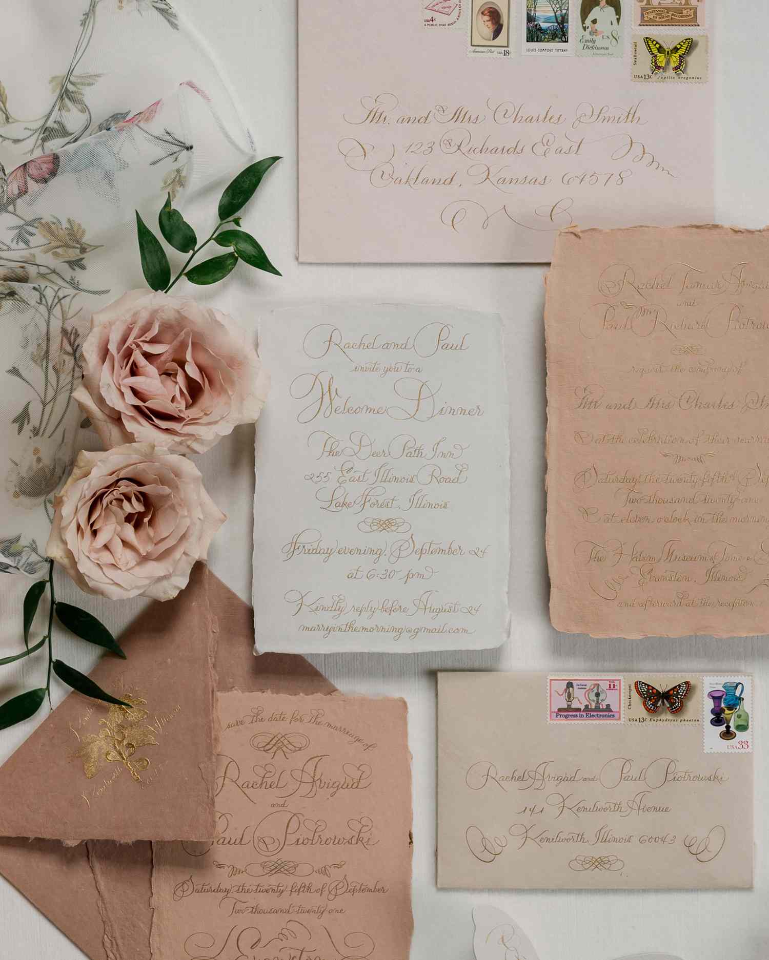 Whimsical Wedding Invitations With Deckle Edge and Gold Calligraphy
