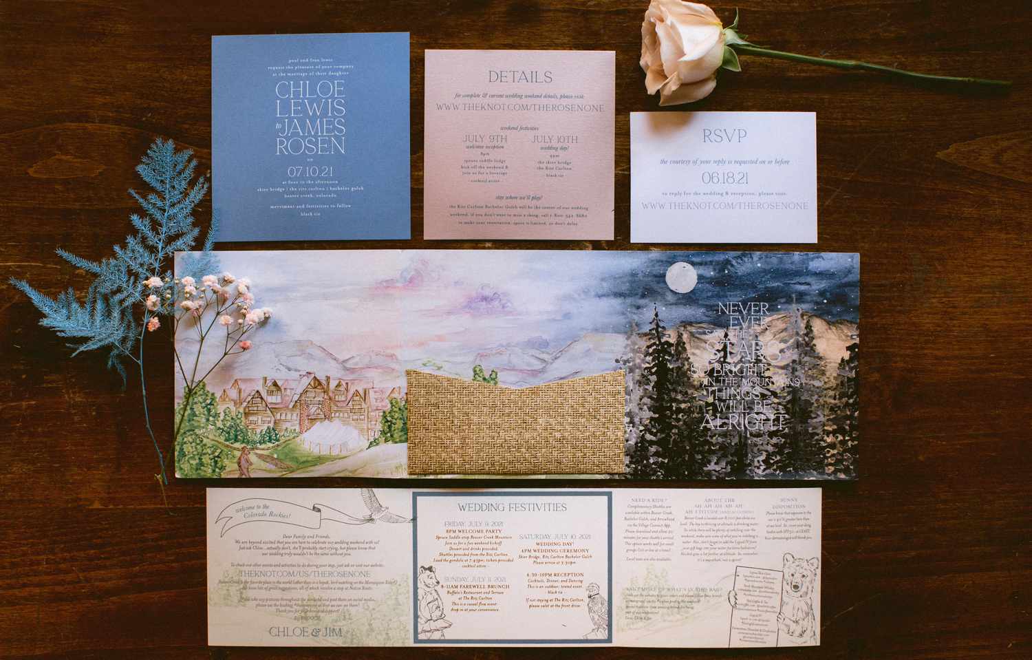 Invitation suite flat lay with watercolor illustrations