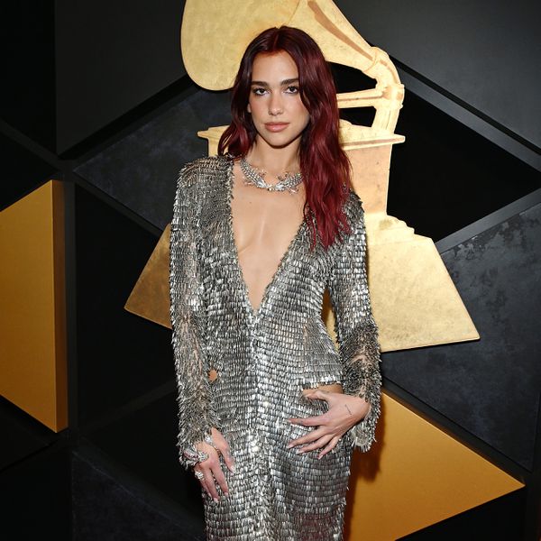 Dua Lipa in long-sleeved sequined dress