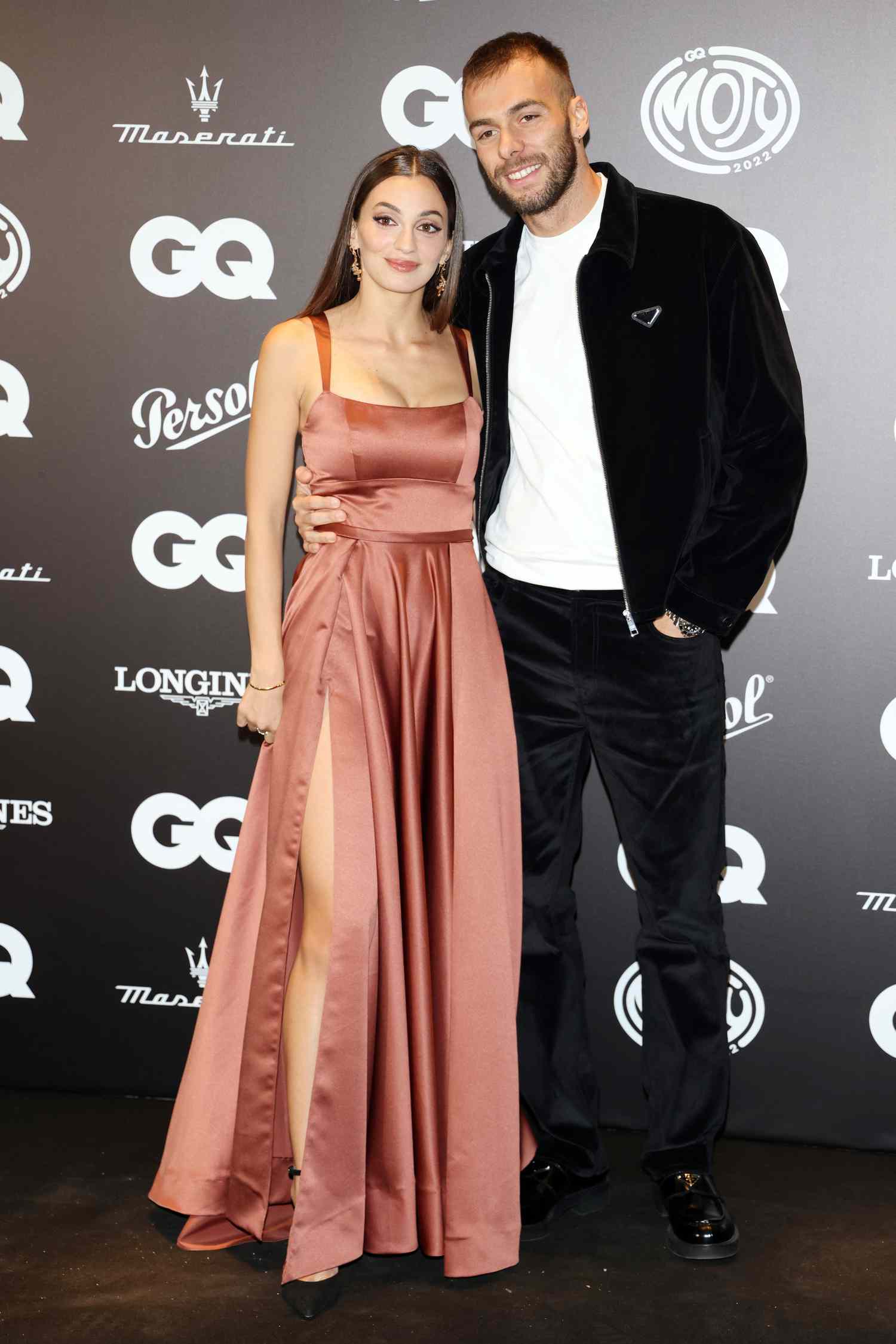Rossella Fiamingo in Rose Gold Black-Tie Dress and Gregorio Paltrinieri in Black Getup