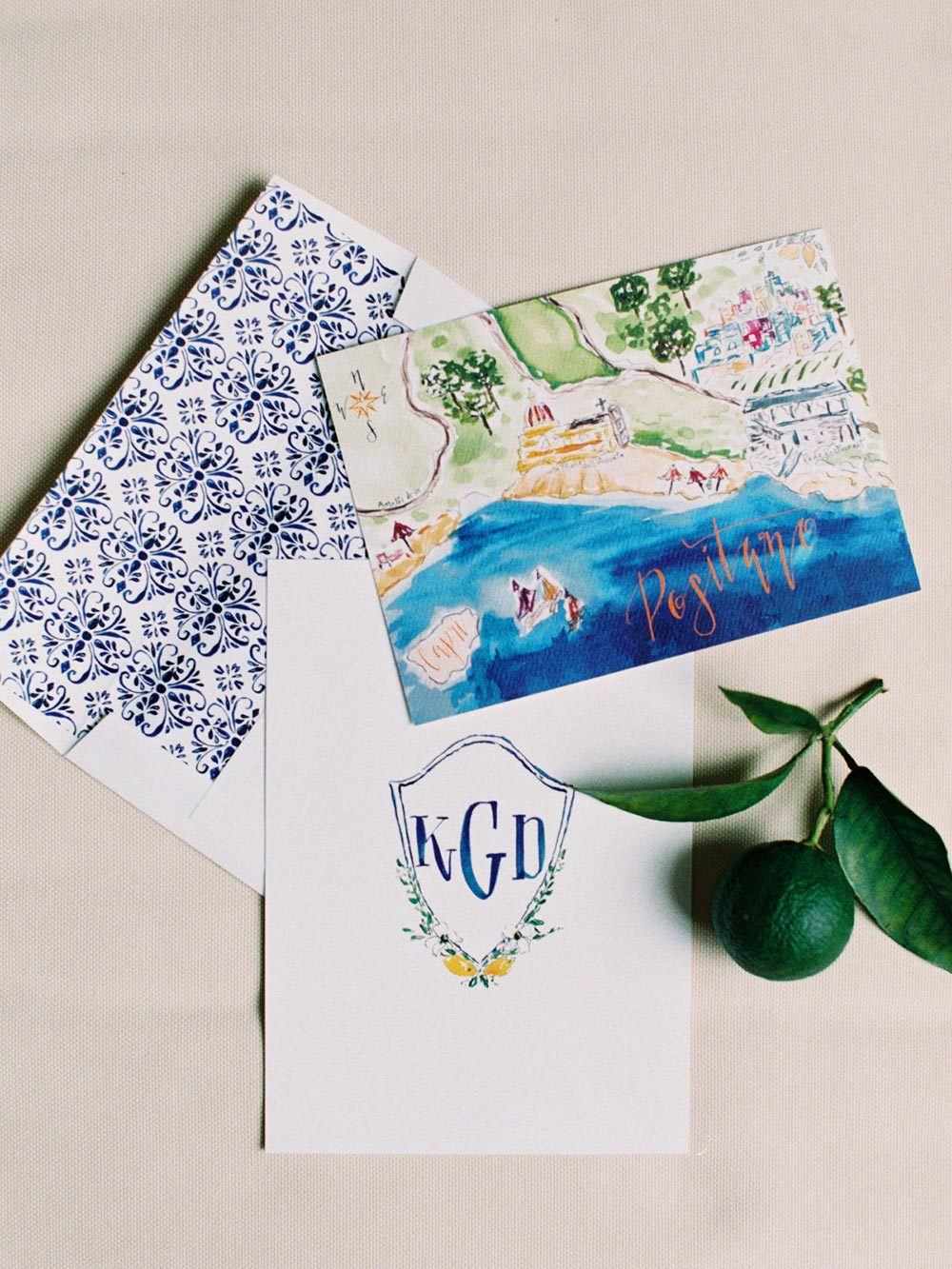 Hand-Painted Map of Positano and Blue and White Tile Envelope Liner