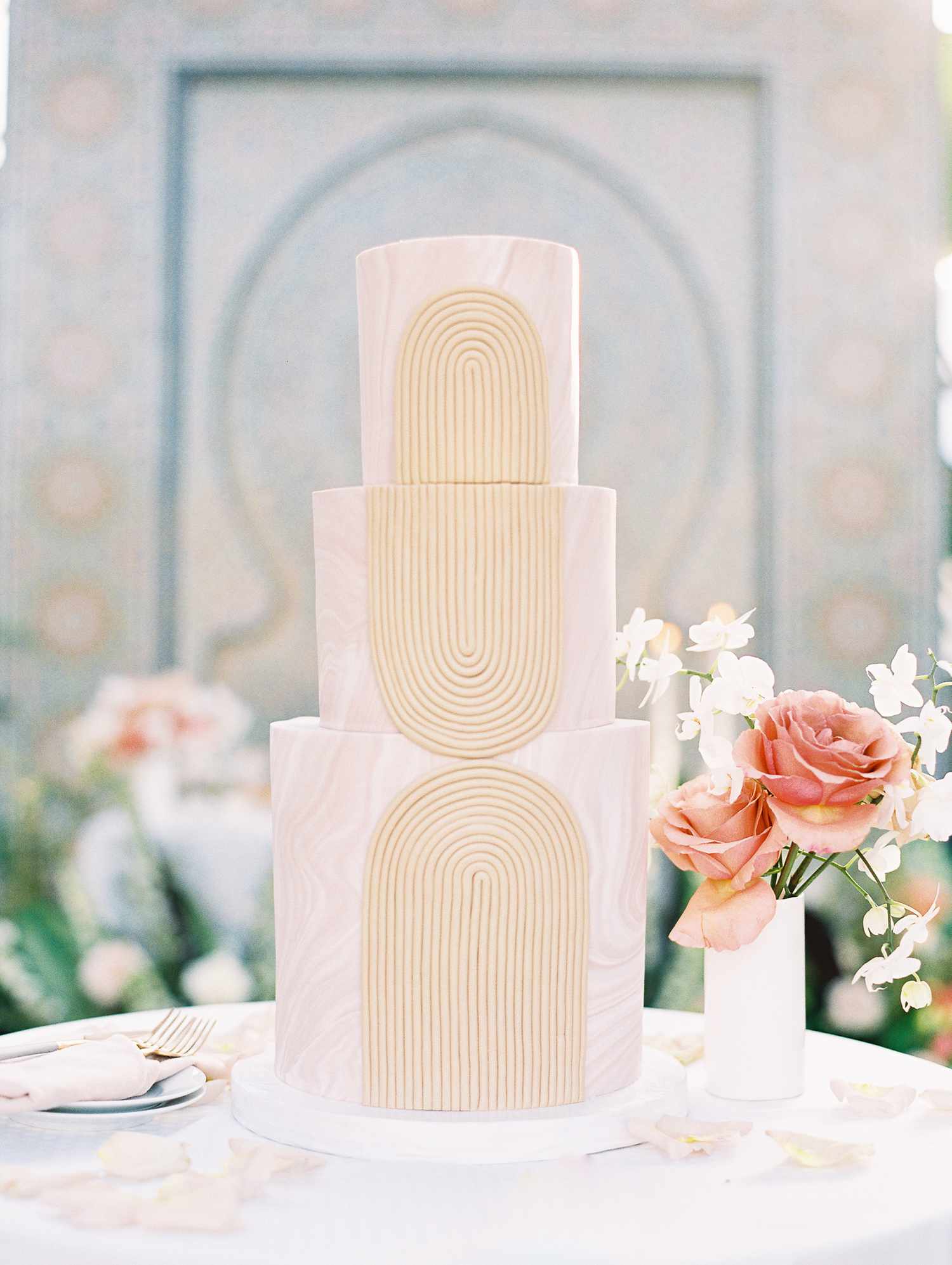 Three-Tiered Pink Marble Wedding Cake with Geometric Fondant Detail