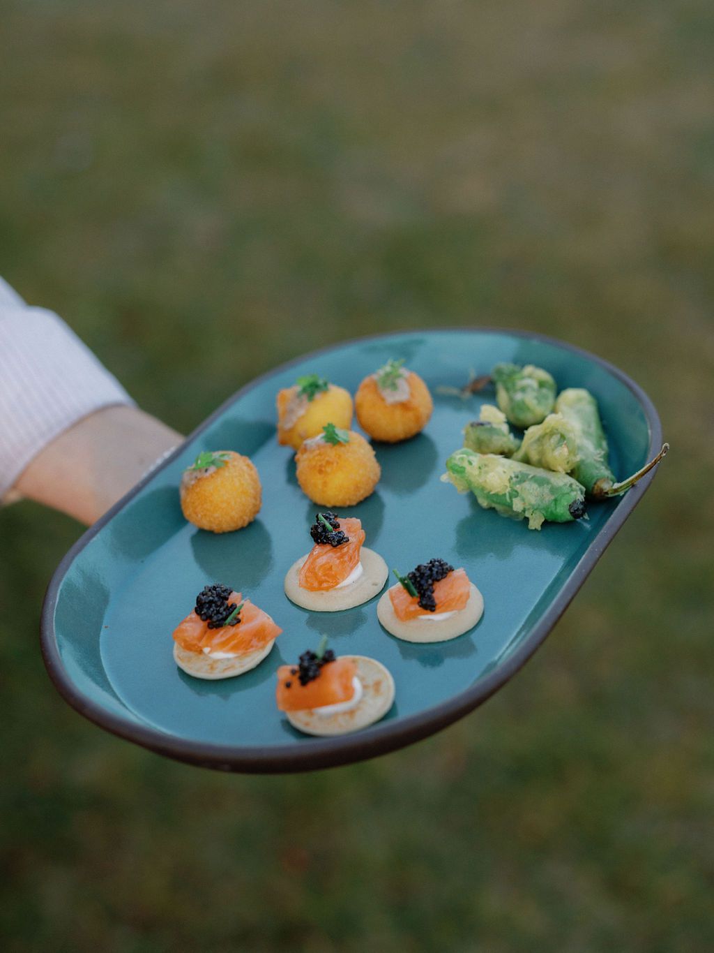 Hors d'oeuvres on Blue Tray at Wedding Cocktail Hour