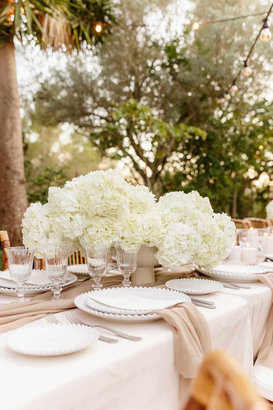 Low White Hydrangea Centerpiece on Wedding Reception Table with Scalloped Plates