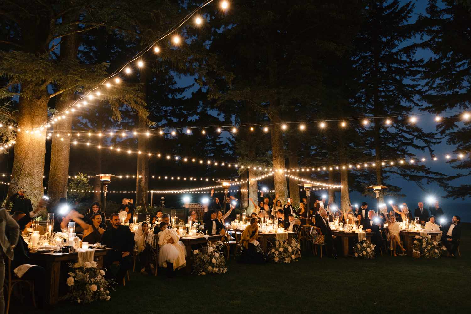 Wedding Reception With String Lights Overhead