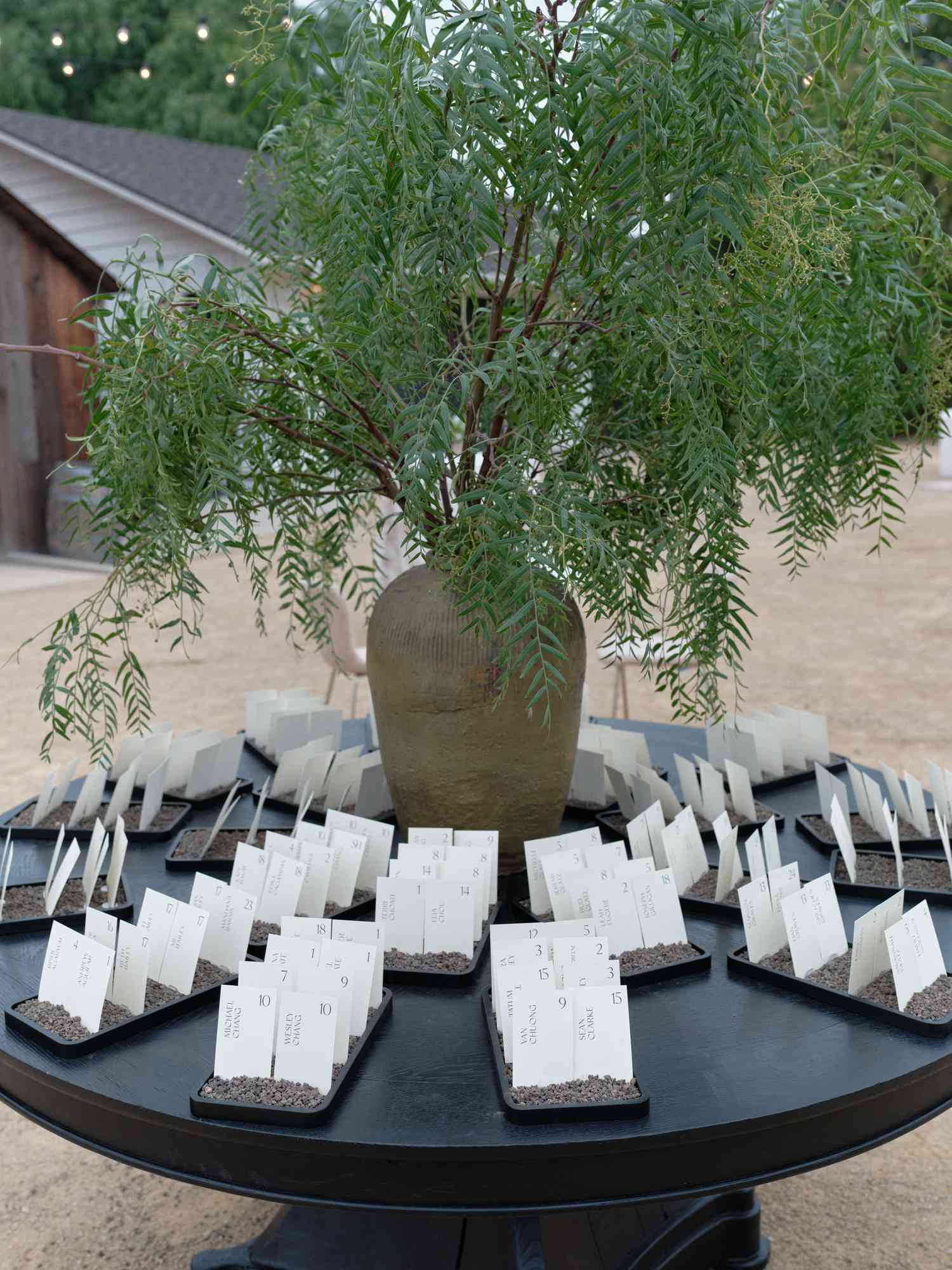 Reception Seating Chart Arranged on Black Table With Plant Decor