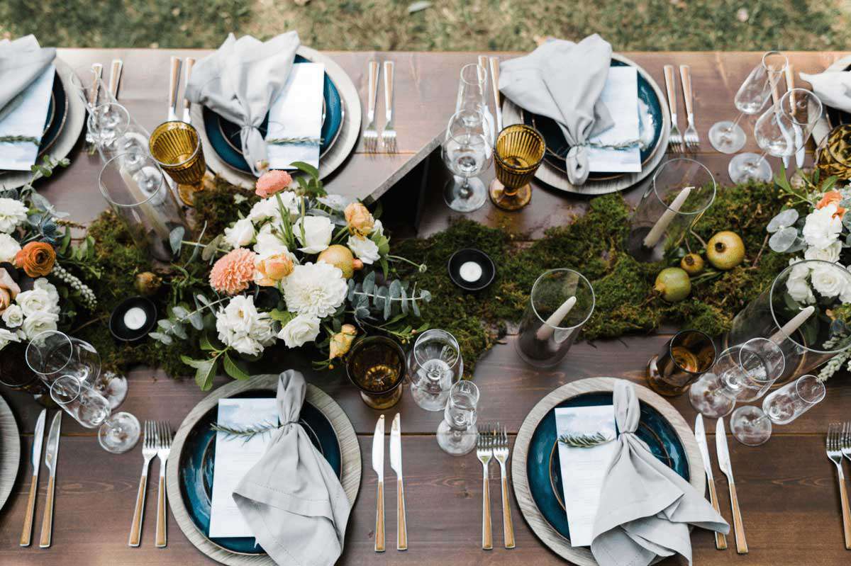 Rustic Table Decor with natural moss table runner