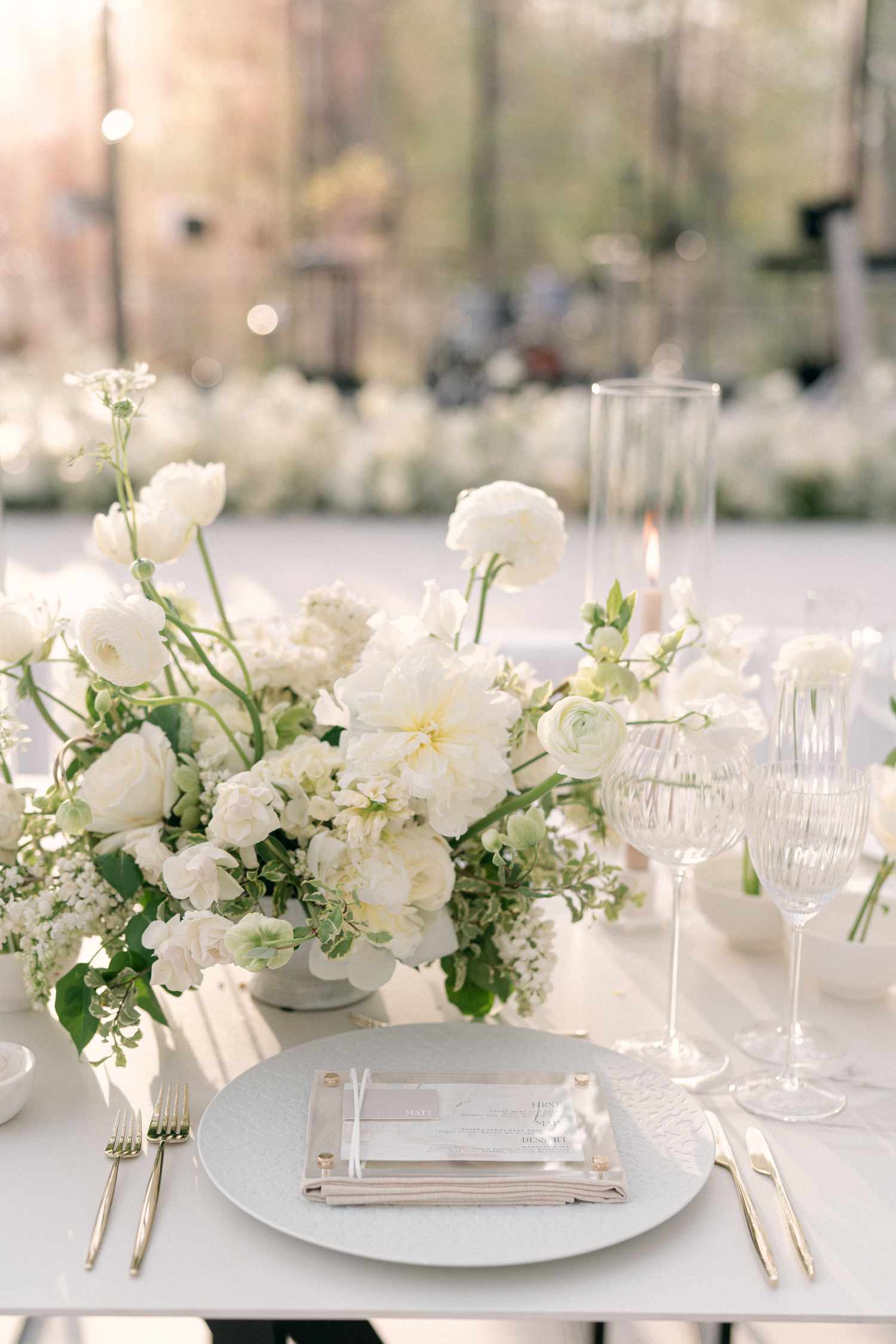 Classic White Wedding Centerpieces with Peonies, Anemones, Queen Anne's Lace, and Hellebore