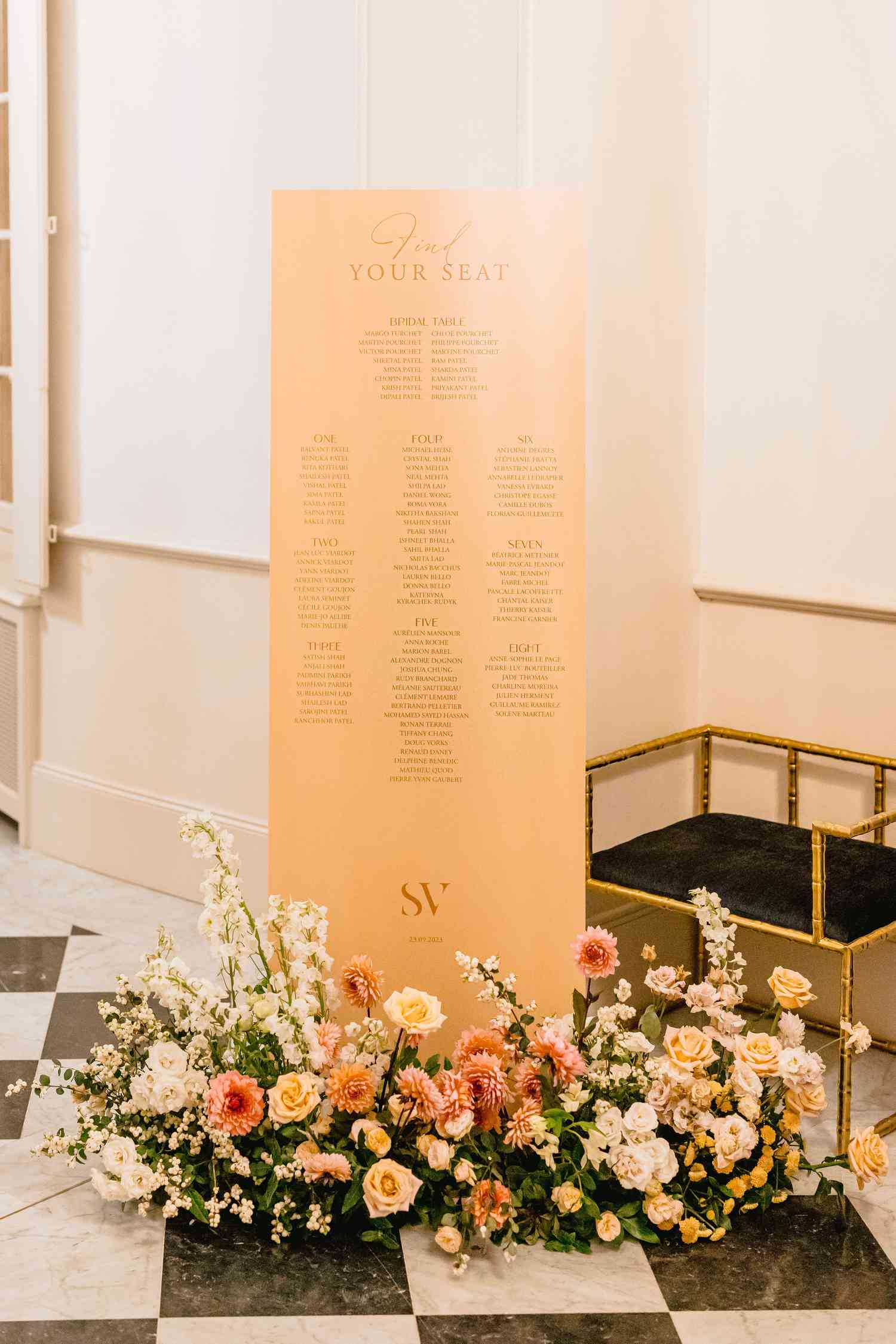 wedding seating chart surround by flowers