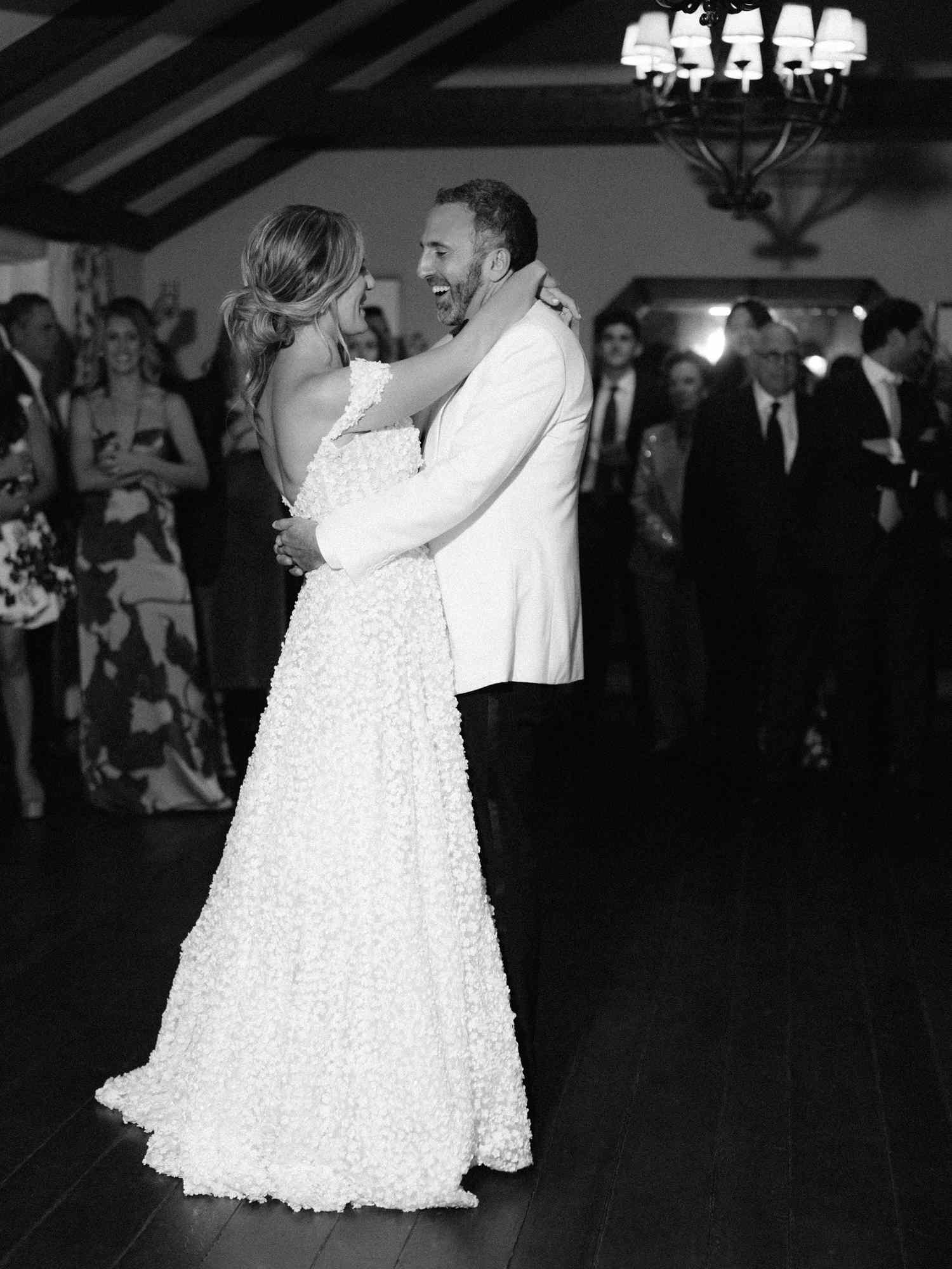 black and white images of bride and groom dancing and smiling