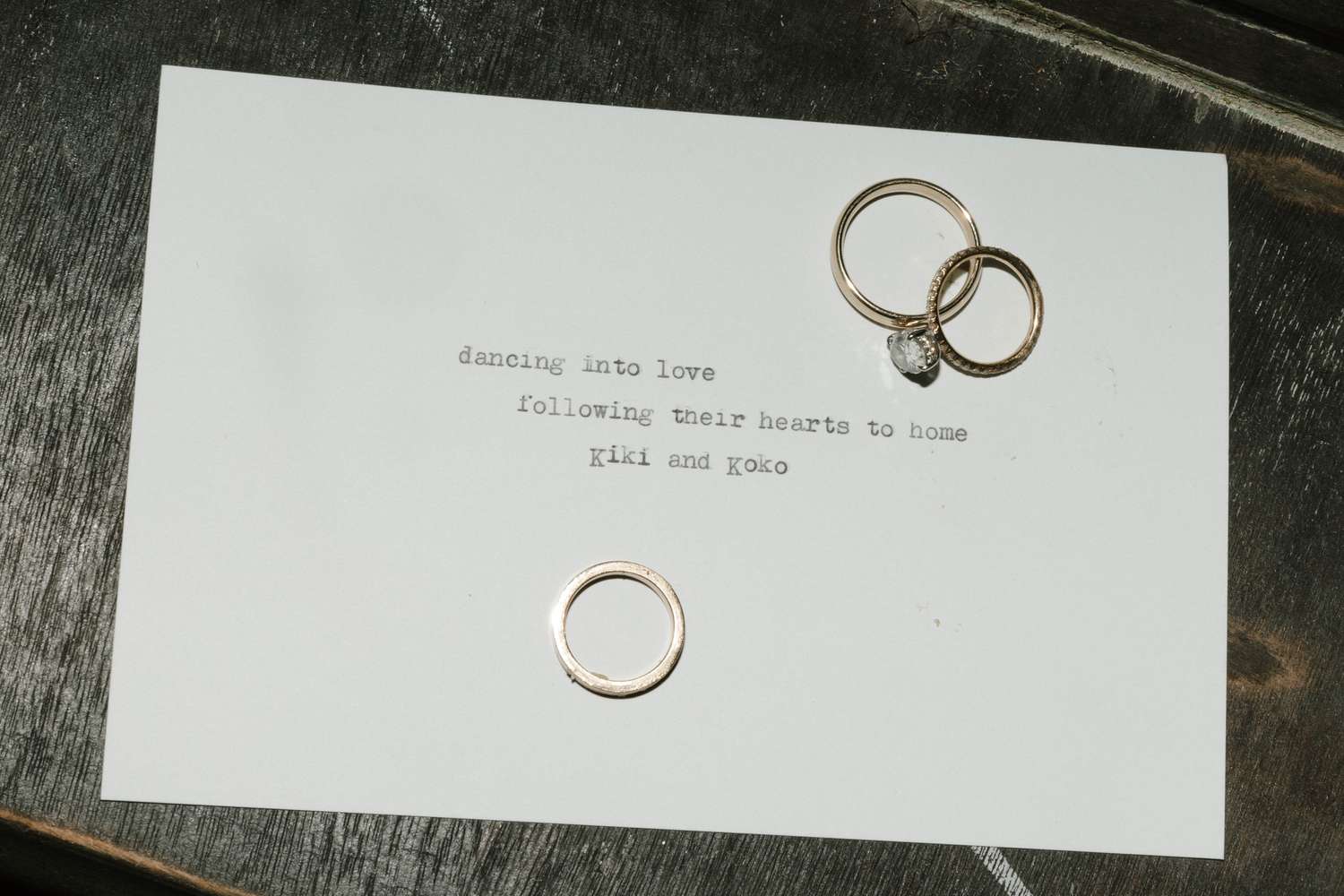 Wedding Haiku That Reads "Dancing into love, following their hearts to home, Kiki and Koko"