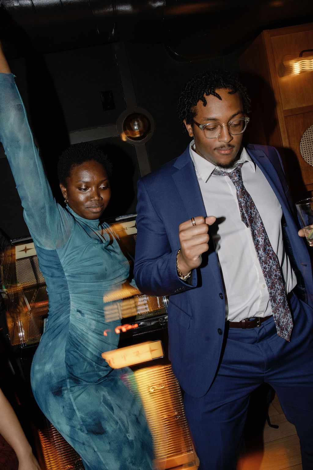 Reception Guest in Blue Long Sleeve Dress Dancing With Guest in Blue Suit