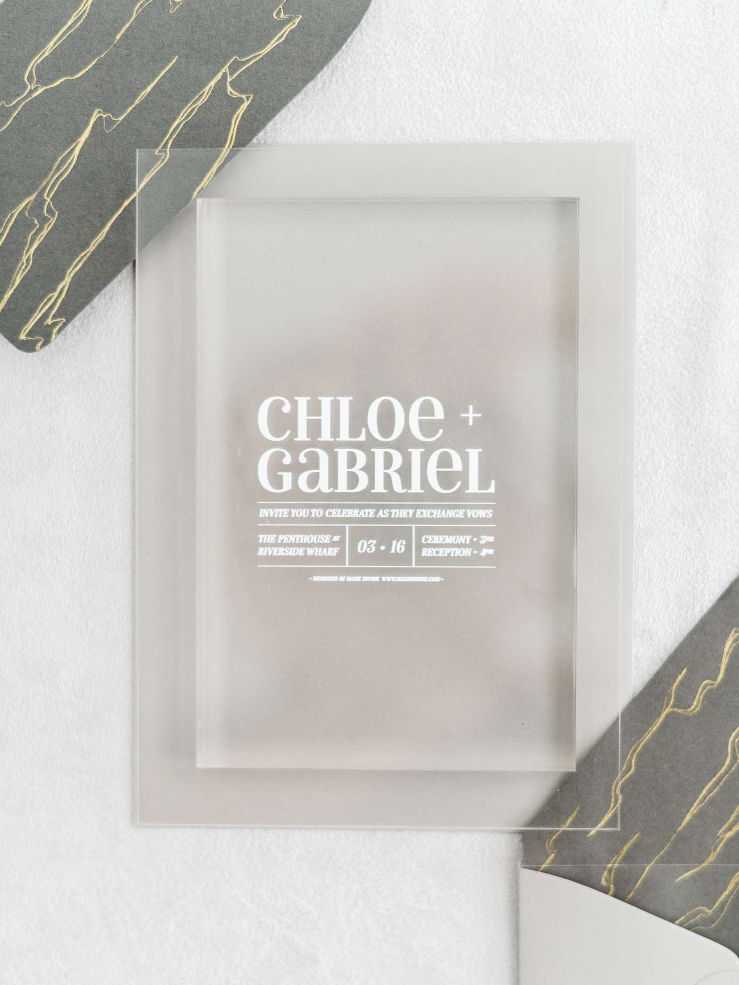 acrylic invitation with bold white font