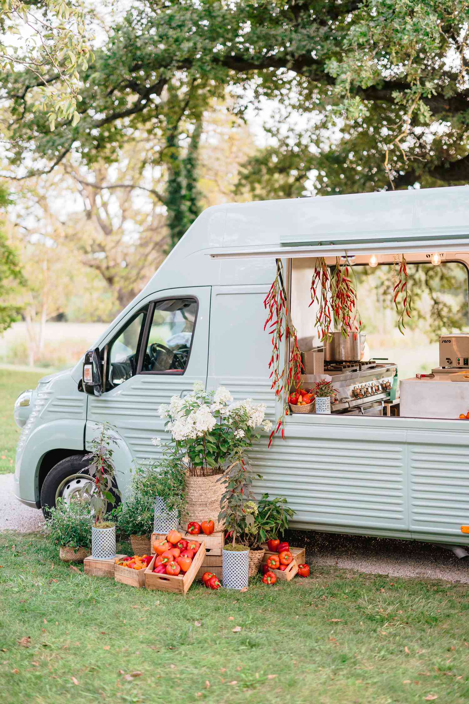 white food truck with vegetables hanging from side