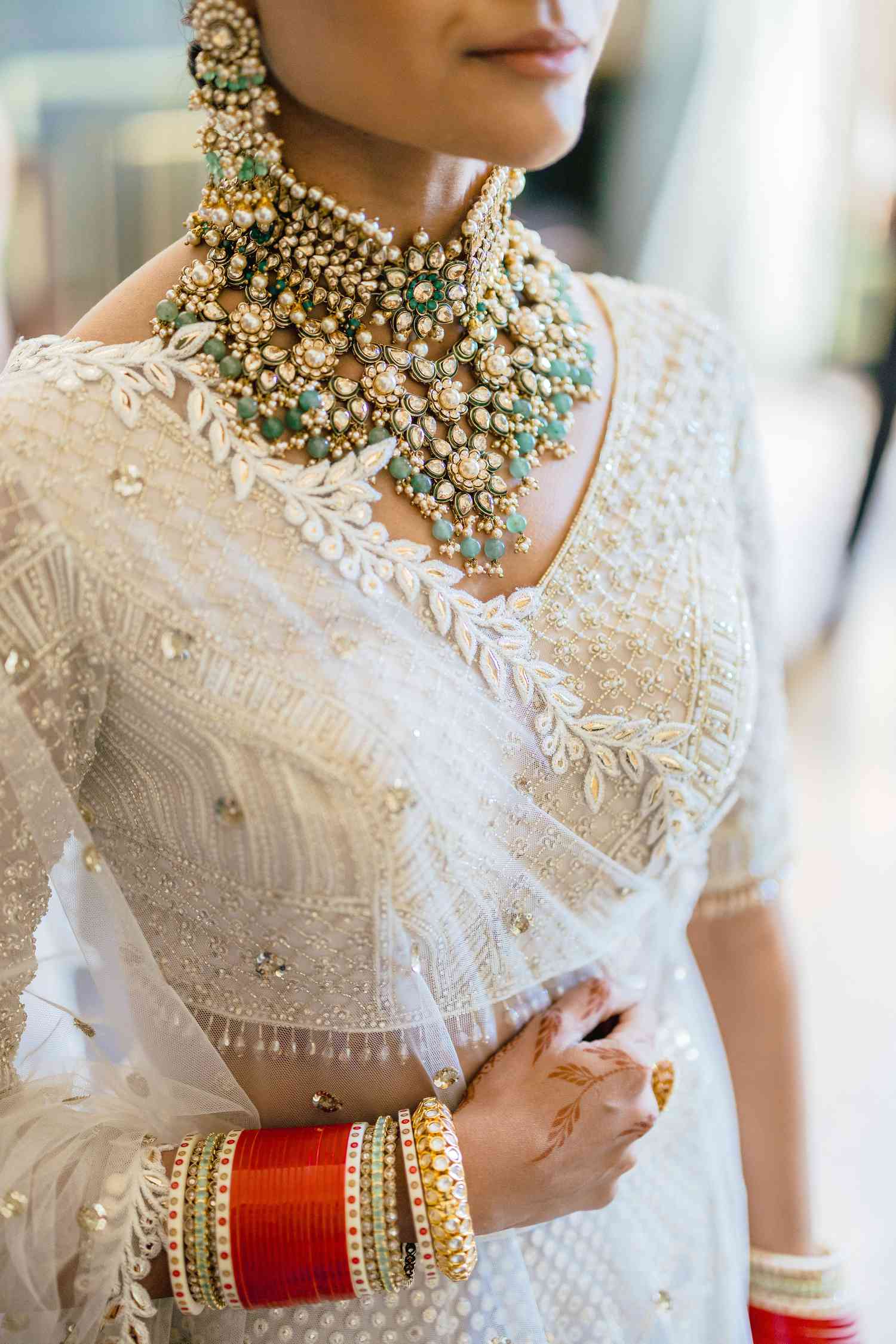 traditional indian wedding dress with gold and teal necklace detail