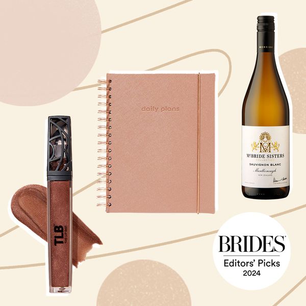 Collage of a brown lip gloss, a pink journal, and a bottle of wine