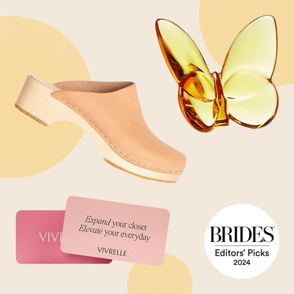 Collage of Tan Clog, Yellow Glass Butterfly, and Pink Gift Card With Brides Logo
