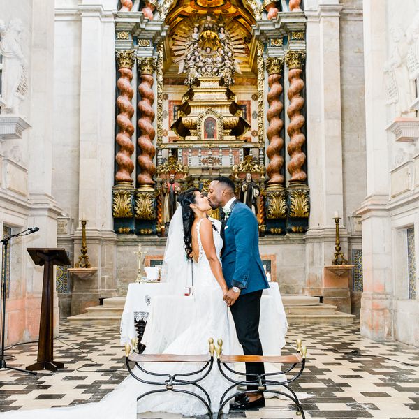 bride and groom at a church altar