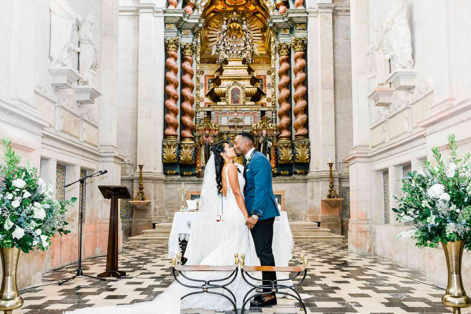 bride and groom at a church altar