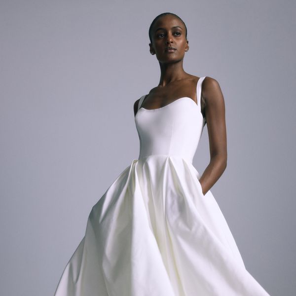 Ball Gown Wedding Dress With Sculpted Neckline, Thick Straps, and Pleated Skirt With Pockets