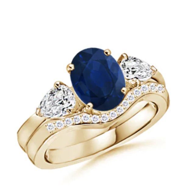 Angara Three Stone Sapphire and Diamond Wedding Band Ring Set