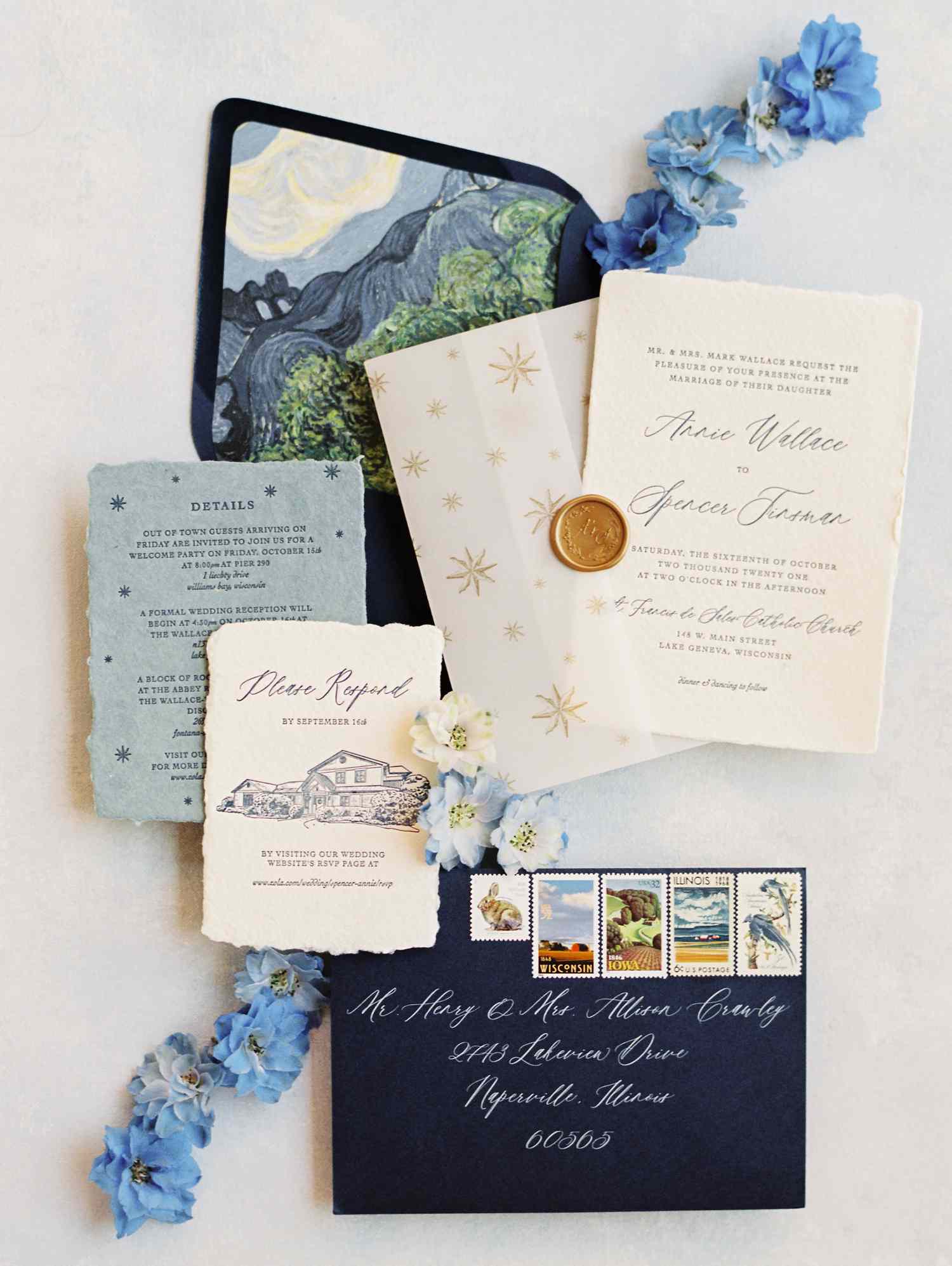 Vincent van Gogh-inspired invitation suite with Starry Night painting