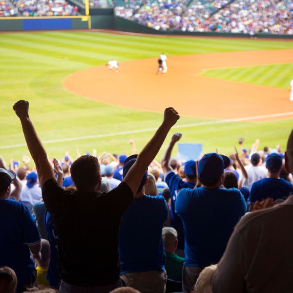 Man Celebrates in the Stands at a Baseball Game