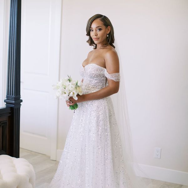 Bride in Off-the-Shoulder Sparkly Beaded A-line Wedding Dress