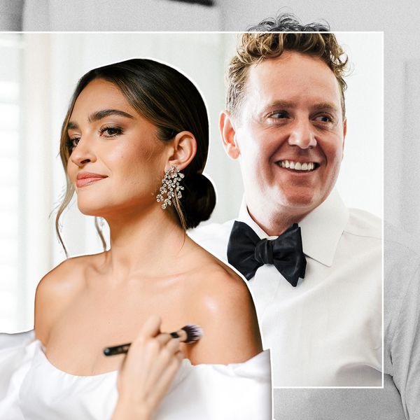 a man smiling while wearing a bowtie; a woman in full glam smirking