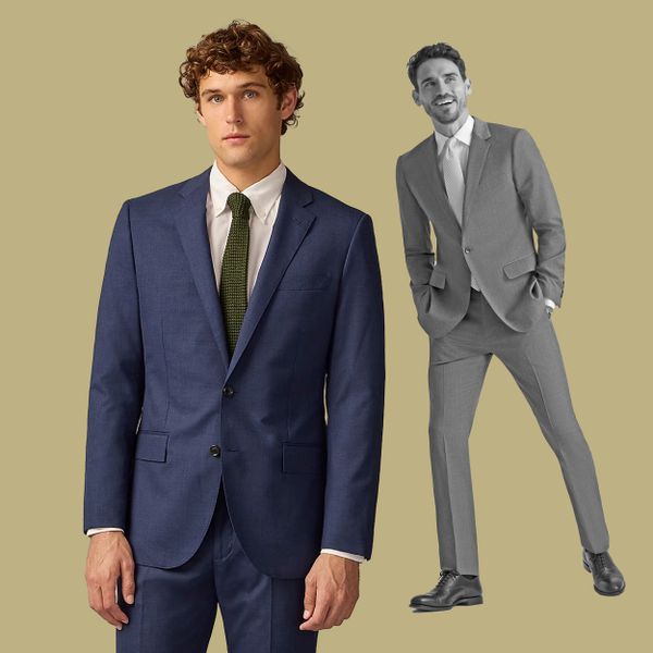 Two men wearing wedding suits on a green background