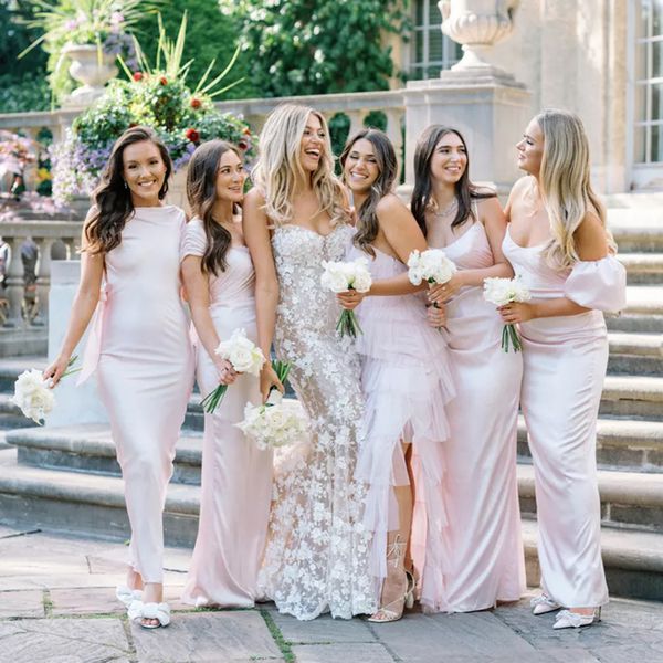 Bridesmaids in Blush Pink Satin Gowns and Bride in Strapless Dress