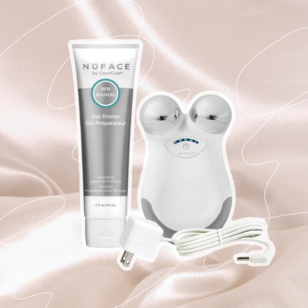 Collage of the NuFACE MINI Starter Kit on a silver background