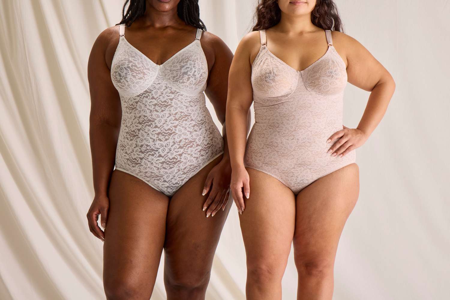 Two people wear the Bali Women's Lace 'N Smooth Firm-Control Shapewear