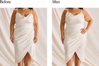 A woman wearing a wedding dress before and after putting on the Skims Core Control High Waisted Brief underneath