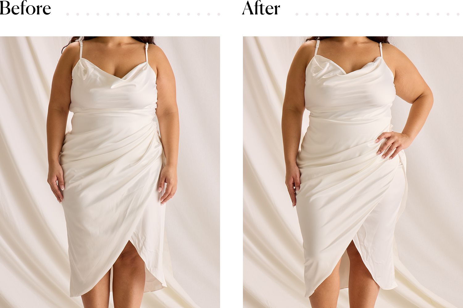 A woman wearing a wedding dress before and after putting on the Skims Core Control High Waisted Brief underneath
