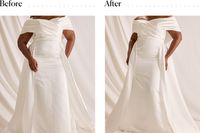 A woman wearing a wedding dress before and after putting on the Skims Core Control High Waisted Brief underneath