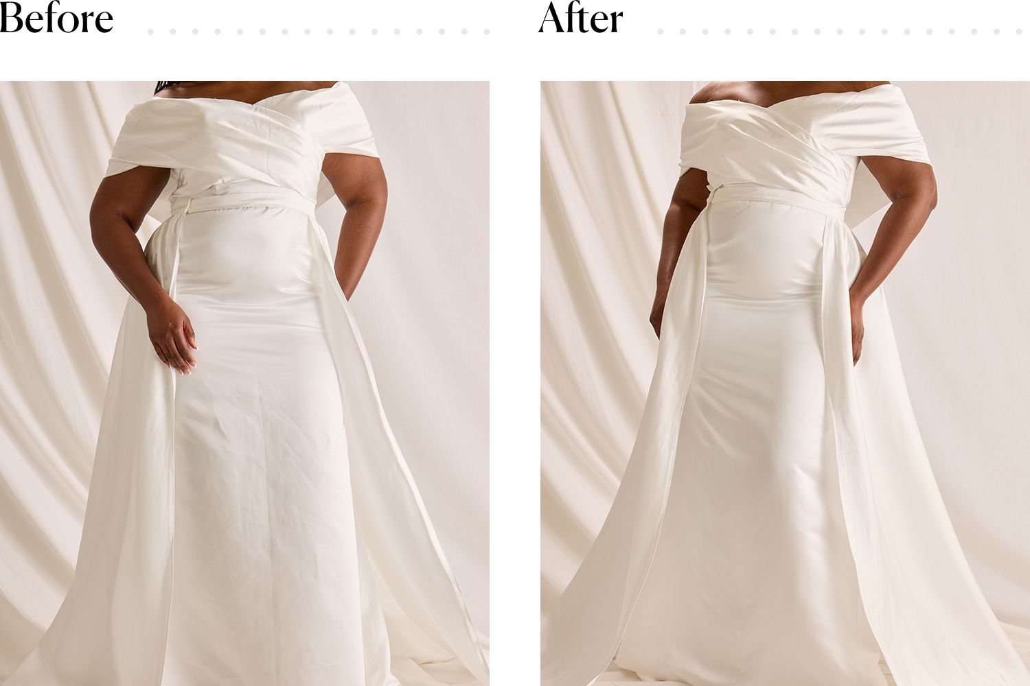 A woman wearing a wedding dress before and after putting on the Skims Core Control High Waisted Brief underneath