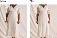 A woman wearing a wedding dress before and after putting on the SKIMS Core Control Thong underneath